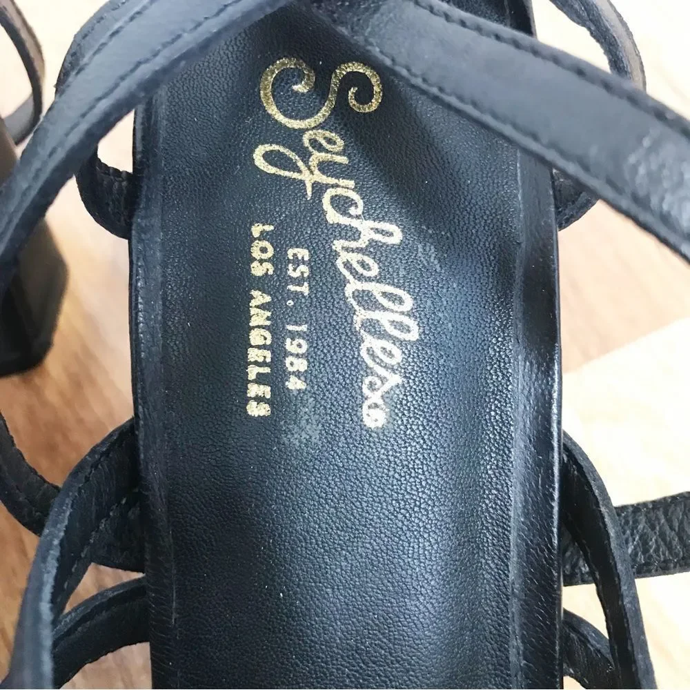 New SEYCHELLES‎ Braided Black Leather Chunky Heel Sandal Strappy Woven Size 6